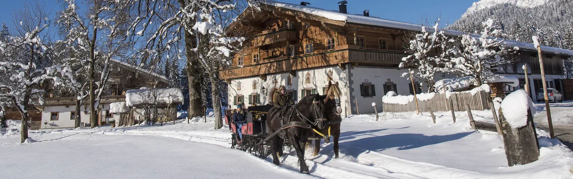 Kutsche vorm Bauernhof im Winter - Region St. Johann in Tirol