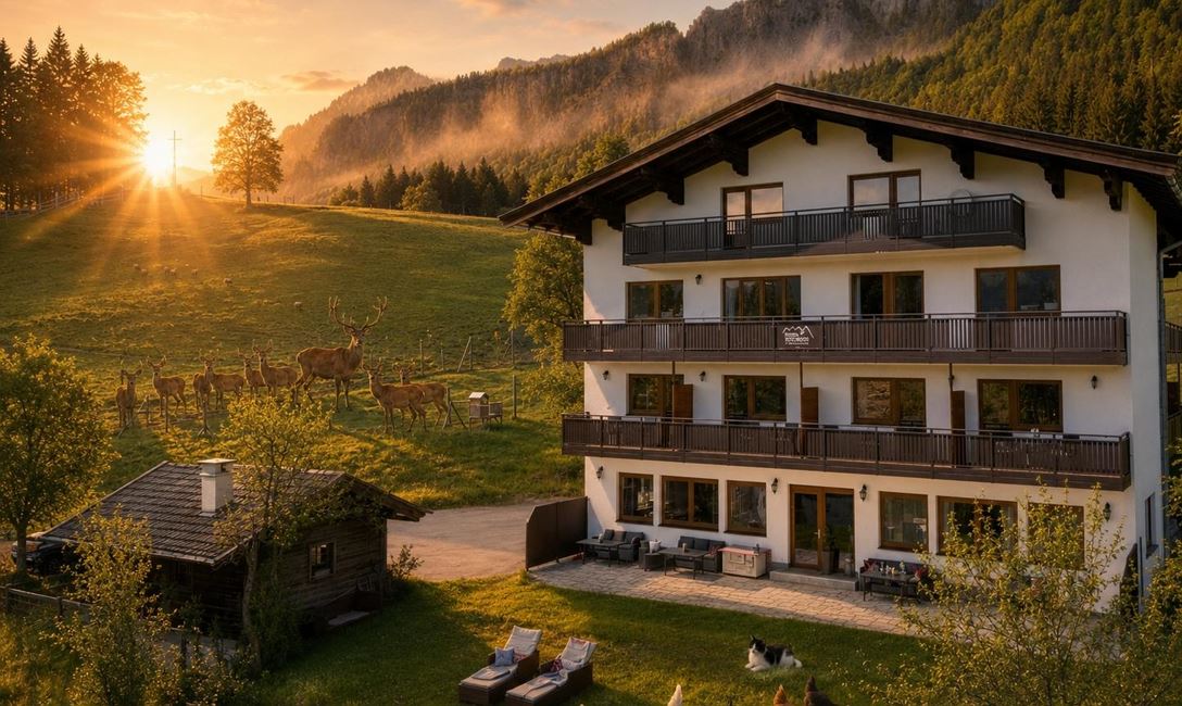 Haus und Tiere-sonnenuntergang