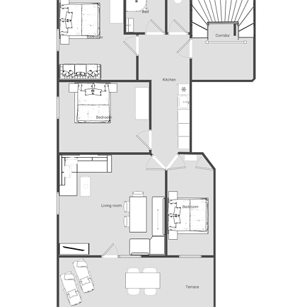 Appartement 3/ 2 Doppelzimmer+1 Dreibettzimmer