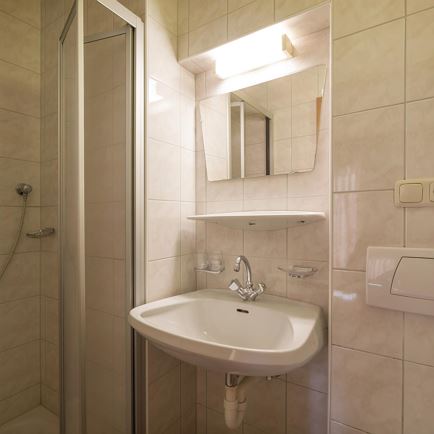 Dusche im Badezimmer mit Waschbecken und Spiegel