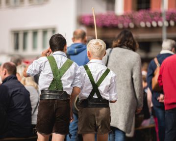Traditionele jongens op het dumplingfestival - regio St. Johann in Tirol