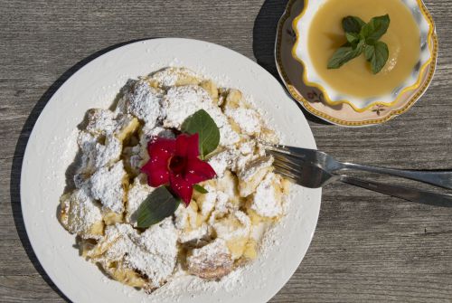 Sugared and shredded pancakes with apple purée - St. Johann in Tirol region
