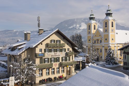 Aerial shot of the main square - St. Johann in Tirol region